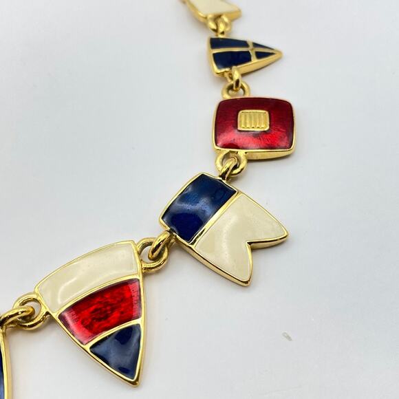 NWOT Vtg TRIFARI Flag Nautical Necklace Red White Blue Gold Tone Toggle Clasp - Picture 5 of 8